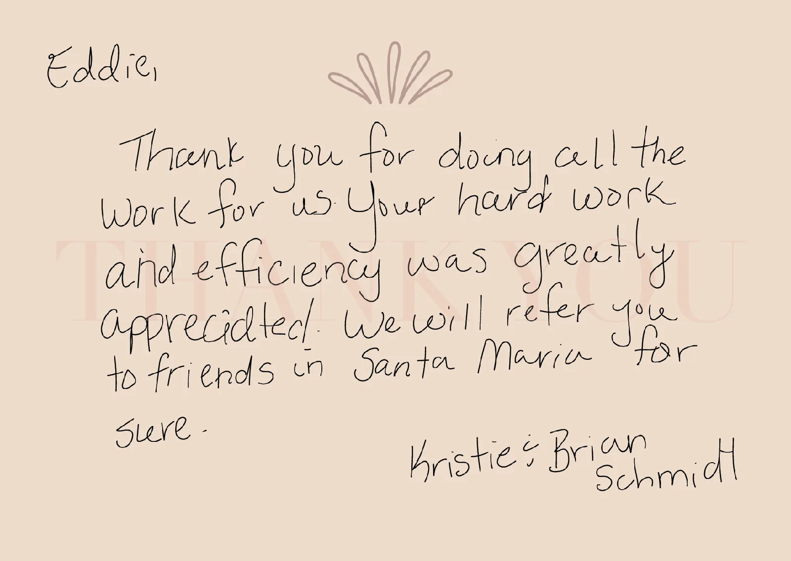 Handwritten thank-you card praising the paint work